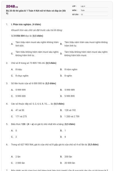 Bộ 20 đề thi giữa kì 1 Toán 4 Kết nối tri thức có đáp án (Đề 9)
