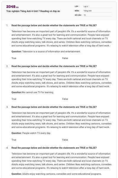 Trắc nghiệm Tiếng Anh 6 Unit 7 Reading có đáp án