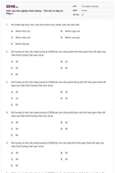 550+ câu trắc nghiệm Dinh dưỡng – Tiết chế có đáp án - Phần 7