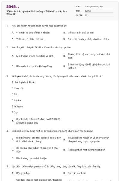 550+ câu trắc nghiệm Dinh dưỡng – Tiết chế có đáp án - Phần 17