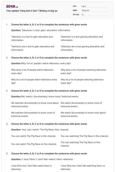 Trắc nghiệm Tiếng Anh 6 Unit 7 Writing có đáp án