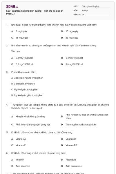 550+ câu trắc nghiệm Dinh dưỡng – Tiết chế có đáp án - Phần 21