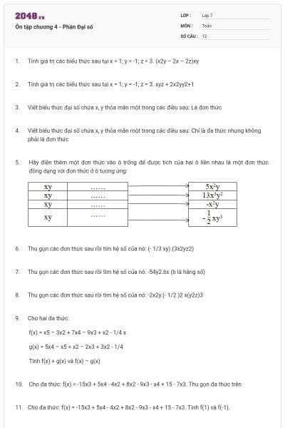 Ôn tập chương 4 - Phần Đại số