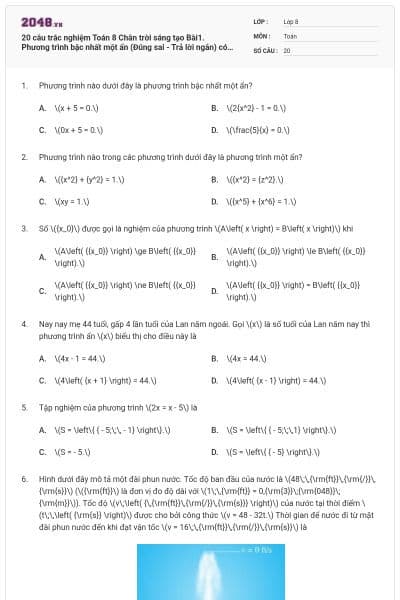20 câu trắc nghiệm Toán 8 Chân trời sáng tạo Bài1. Phương trình bậc nhất một ẩn (Đúng sai - Trả lời ngắn) có đáp án