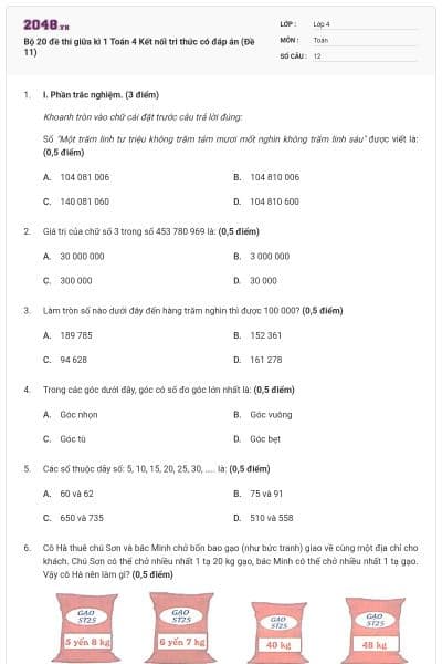 Bộ 20 đề thi giữa kì 1 Toán 4 Kết nối tri thức có đáp án (Đề 11)