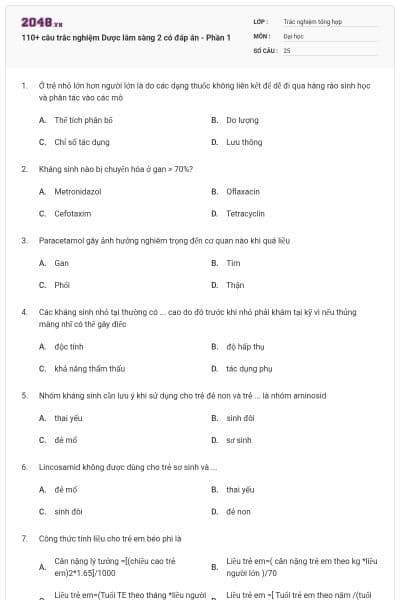 110+ câu trắc nghiệm Dược lâm sàng 2 có đáp án - Phần 1
