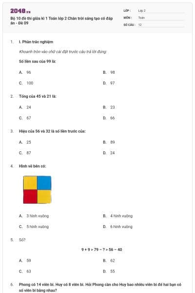 Bộ 10 đề thi giữa kì 1 Toán lớp 2 Chân trời sáng tạo có đáp án - Đề 09