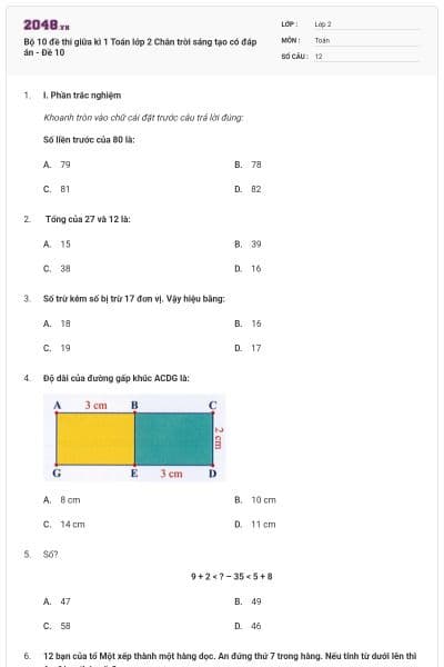 Bộ 10 đề thi giữa kì 1 Toán lớp 2 Chân trời sáng tạo có đáp án - Đề 10