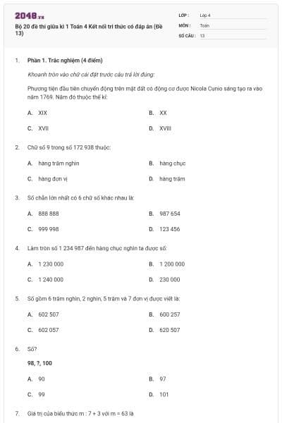 Bộ 20 đề thi giữa kì 1 Toán 4 Kết nối tri thức có đáp án (Đề 13)