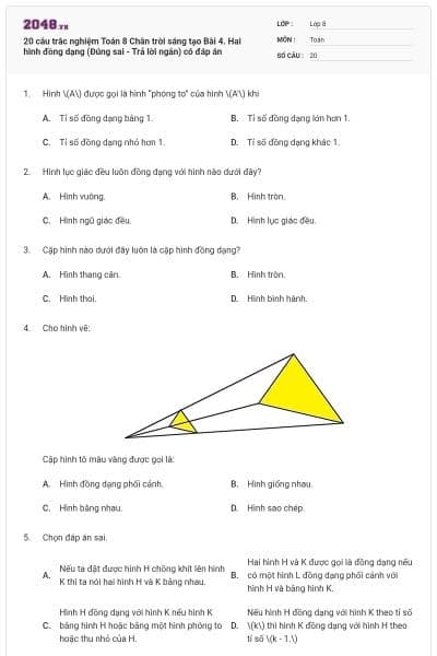 20 câu trắc nghiệm Toán 8 Chân trời sáng tạo Bài 4. Hai hình đồng dạng (Đúng sai - Trả lời ngắn) có đáp án