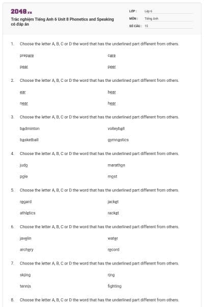 Trắc nghiệm Tiếng Anh 6 Unit 8 Phonetics and Speaking có đáp án