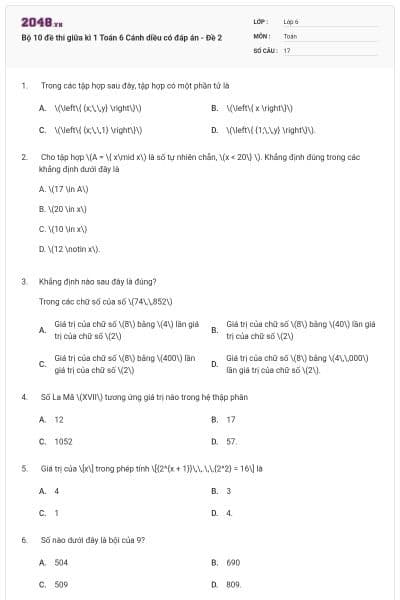 Bộ 10 đề thi giữa kì 1 Toán 6 Cánh diều có đáp án - Đề 2