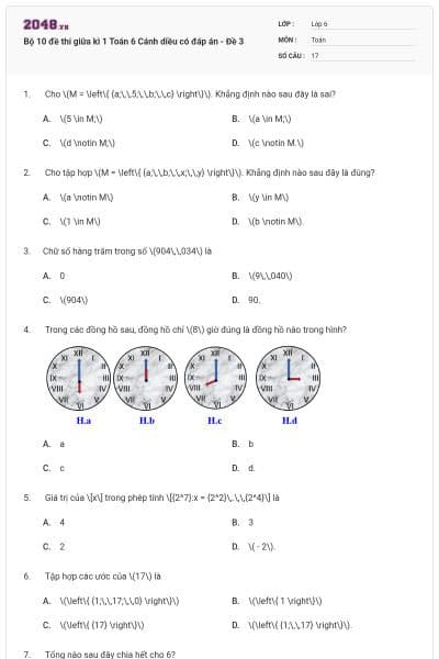 Bộ 10 đề thi giữa kì 1 Toán 6 Cánh diều có đáp án - Đề 3