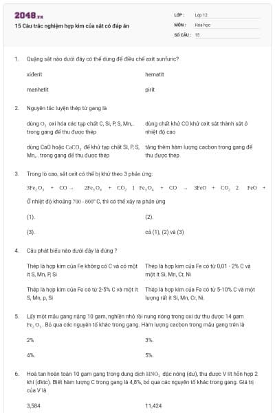 15 Câu trắc nghiệm hợp kim của sắt có đáp án