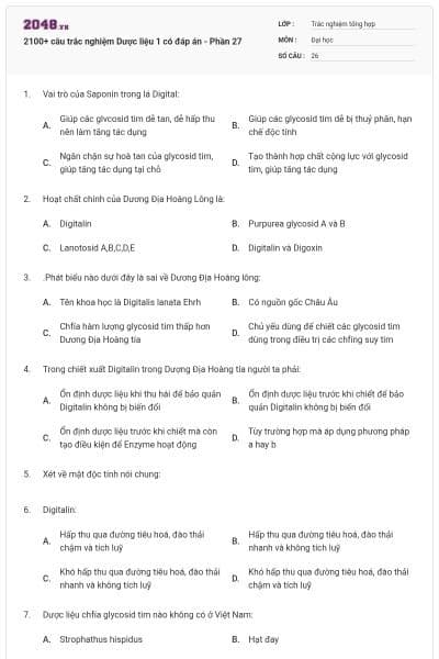 2100+ câu trắc nghiệm Dược liệu 1 có đáp án - Phần 27