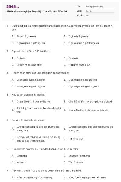 2100+ câu trắc nghiệm Dược liệu 1 có đáp án - Phần 29