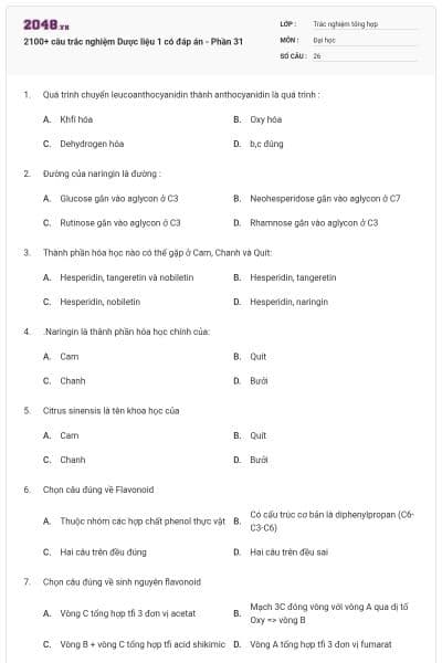 2100+ câu trắc nghiệm Dược liệu 1 có đáp án - Phần 31