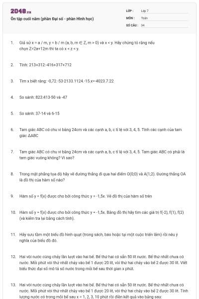 Ôn tập cuối năm (phần Đại số - phần Hình học)