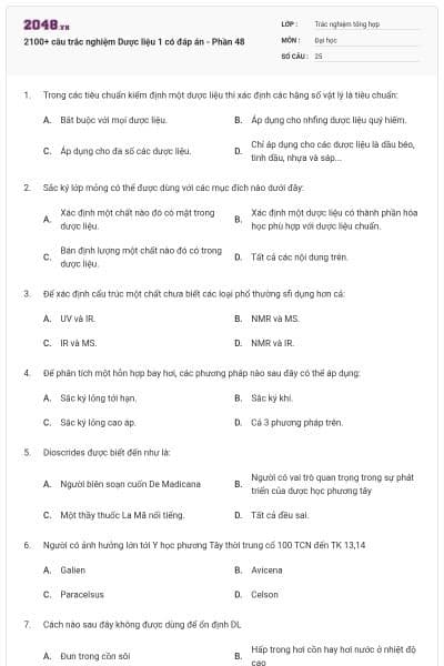 2100+ câu trắc nghiệm Dược liệu 1 có đáp án - Phần 48