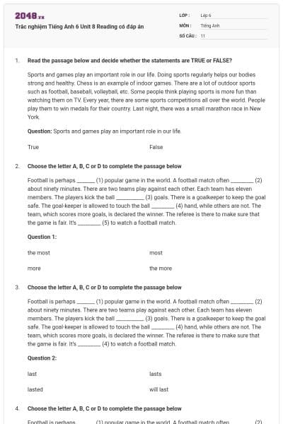 Trắc nghiệm Tiếng Anh 6 Unit 8 Reading có đáp án