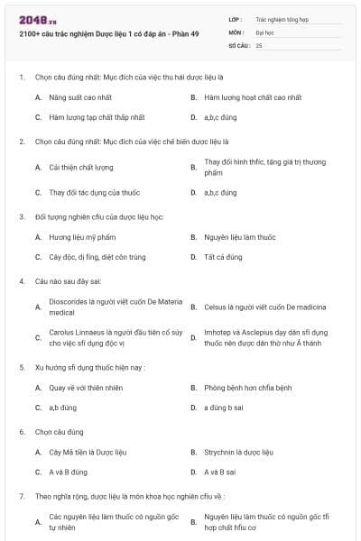 2100+ câu trắc nghiệm Dược liệu 1 có đáp án - Phần 49