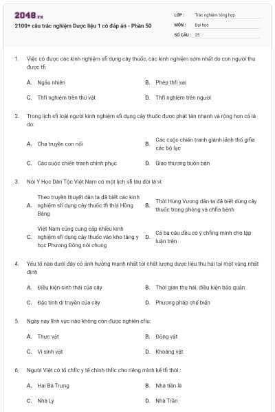 2100+ câu trắc nghiệm Dược liệu 1 có đáp án - Phần 50