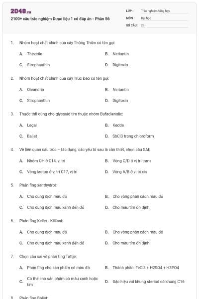 2100+ câu trắc nghiệm Dược liệu 1 có đáp án - Phần 56