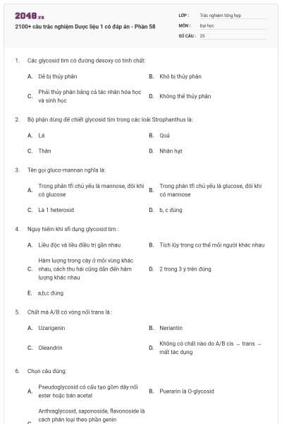 2100+ câu trắc nghiệm Dược liệu 1 có đáp án - Phần 58