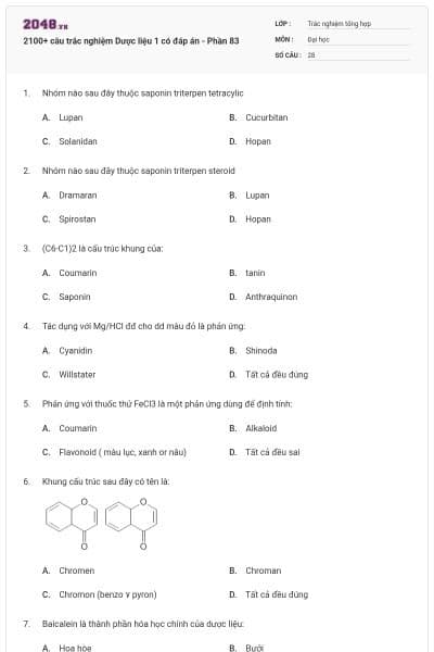 2100+ câu trắc nghiệm Dược liệu 1 có đáp án - Phần 83
