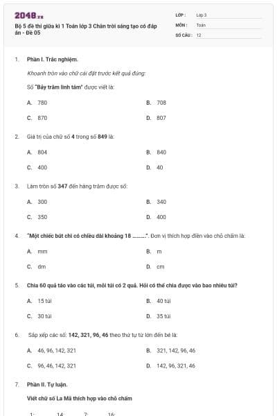 Bộ 5 đề thi giữa kì 1 Toán lớp 3 Chân trời sáng tạo có đáp án - Đề 05