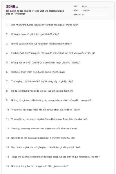 Đề cương ôn tập giữa kì 1 Tiếng Việt lớp 4 Cánh diều có đáp án - Phần Đọc