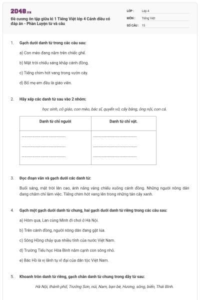 Đề cương ôn tập giữa kì 1 Tiếng Việt lớp 4 Cánh diều có đáp án - Phần Luyện từ và câu