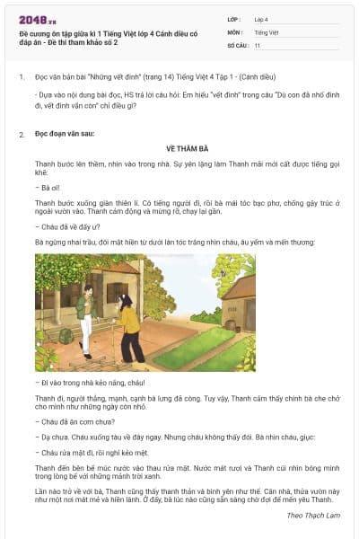 Đề cương ôn tập giữa kì 1 Tiếng Việt lớp 4 Cánh diều có đáp án - Đề thi tham khảo số 2