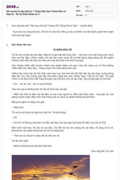 Đề cương ôn tập giữa kì 1 Tiếng Việt lớp 4 Cánh diều có đáp án - Đề thi tham khảo số 3
