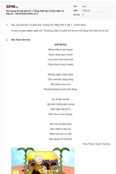 Đề cương ôn tập giữa kì 1 Tiếng Việt lớp 4 Cánh diều có đáp án - Đề thi tham khảo số 5