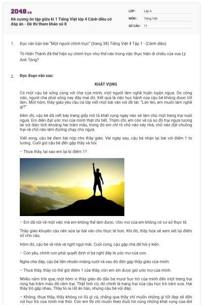 Đề cương ôn tập giữa kì 1 Tiếng Việt lớp 4 Cánh diều có đáp án - Đề thi tham khảo số 8