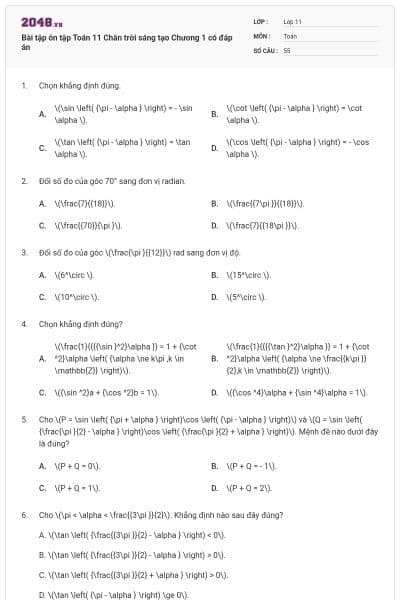 Bài tập ôn tập Toán 11 Chân trời sáng tạo Chương 1 có đáp án
