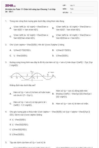 Đề kiểm tra Toán 11 Chân trời sáng tạo Chương 1 có đáp án - Đề 1