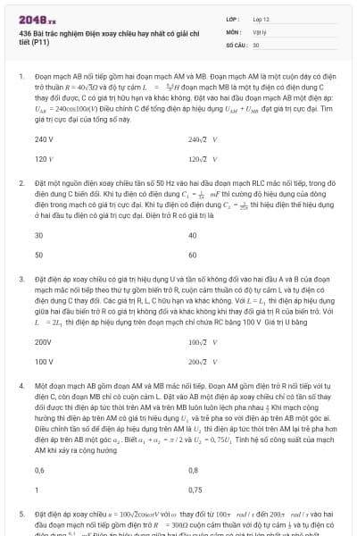 436 Bài trắc nghiệm Điện xoay chiều hay nhất có giải chi tiết (P11)