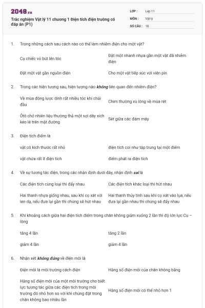 Trắc nghiệm Vật lý 11 chương 1 Điện tích điện trường có đáp án (P1)