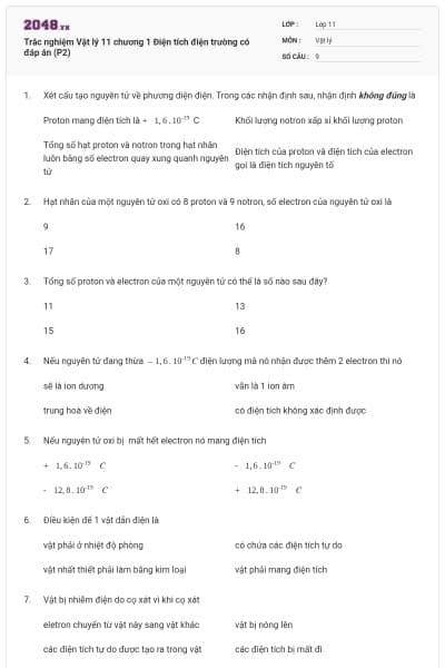 Trắc nghiệm Vật lý 11 chương 1 Điện tích điện trường có đáp án (P2)