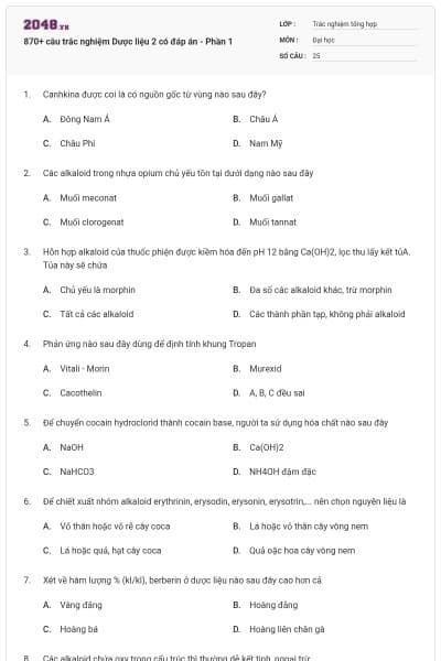 870+ câu trắc nghiệm Dược liệu 2 có đáp án - Phần 1