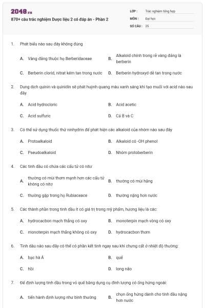 870+ câu trắc nghiệm Dược liệu 2 có đáp án - Phần 2