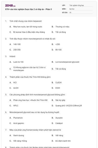 870+ câu trắc nghiệm Dược liệu 2 có đáp án - Phần 5