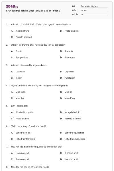 870+ câu trắc nghiệm Dược liệu 2 có đáp án - Phần 9