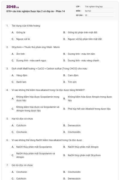870+ câu trắc nghiệm Dược liệu 2 có đáp án - Phần 14