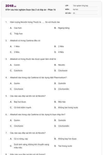 870+ câu trắc nghiệm Dược liệu 2 có đáp án - Phần 16