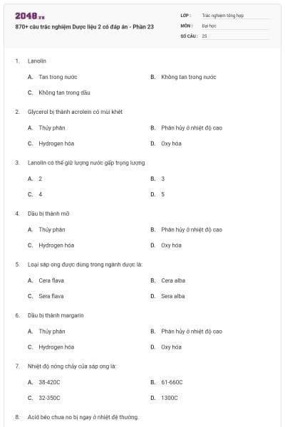 870+ câu trắc nghiệm Dược liệu 2 có đáp án - Phần 23