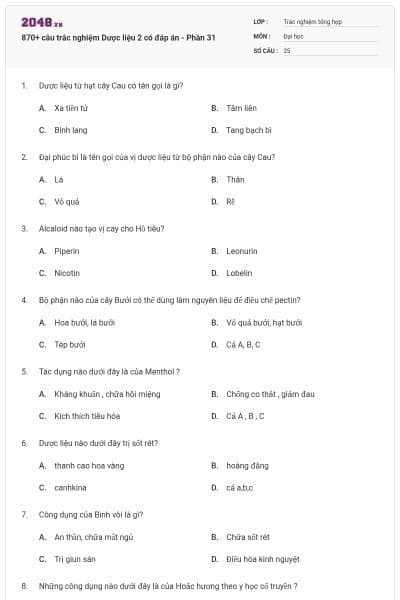 870+ câu trắc nghiệm Dược liệu 2 có đáp án - Phần 31