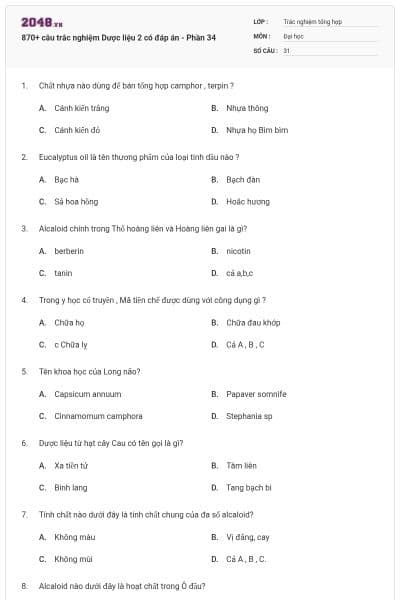 870+ câu trắc nghiệm Dược liệu 2 có đáp án - Phần 34
